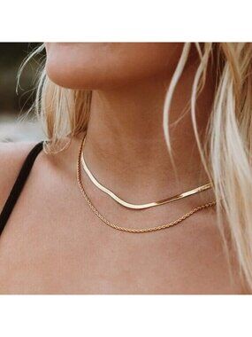 Gold Double Chain Necklace Waterproof Classic Gold Chain Necklace Herringbone